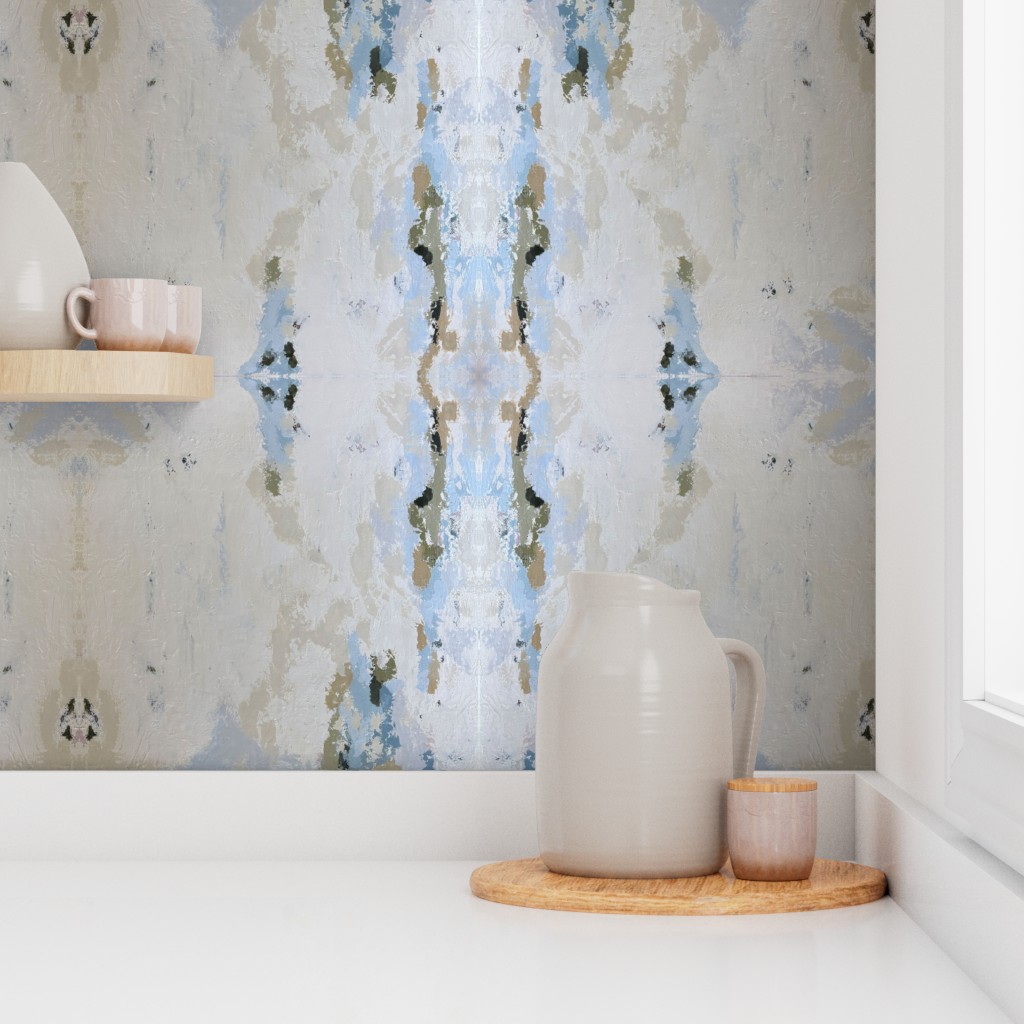 Coastline Linen abstract watercolor wallpaper in beige, gray and slate blue on a kitchen wall