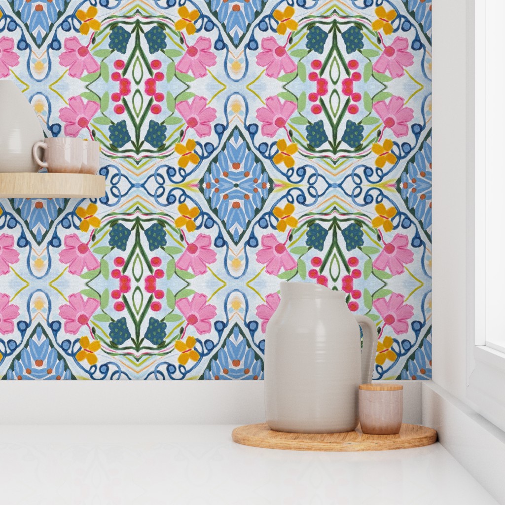 Floral Basket whimsical blue vine diamond wallpaper on a kitchen wall