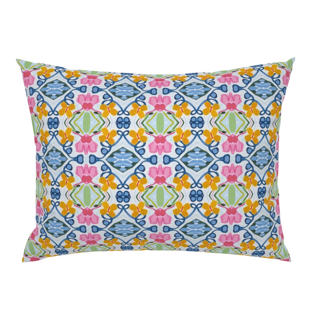 Floral Basket Whimsical Yellow Butterfly Blue Geometric pillow by Betsey Johns