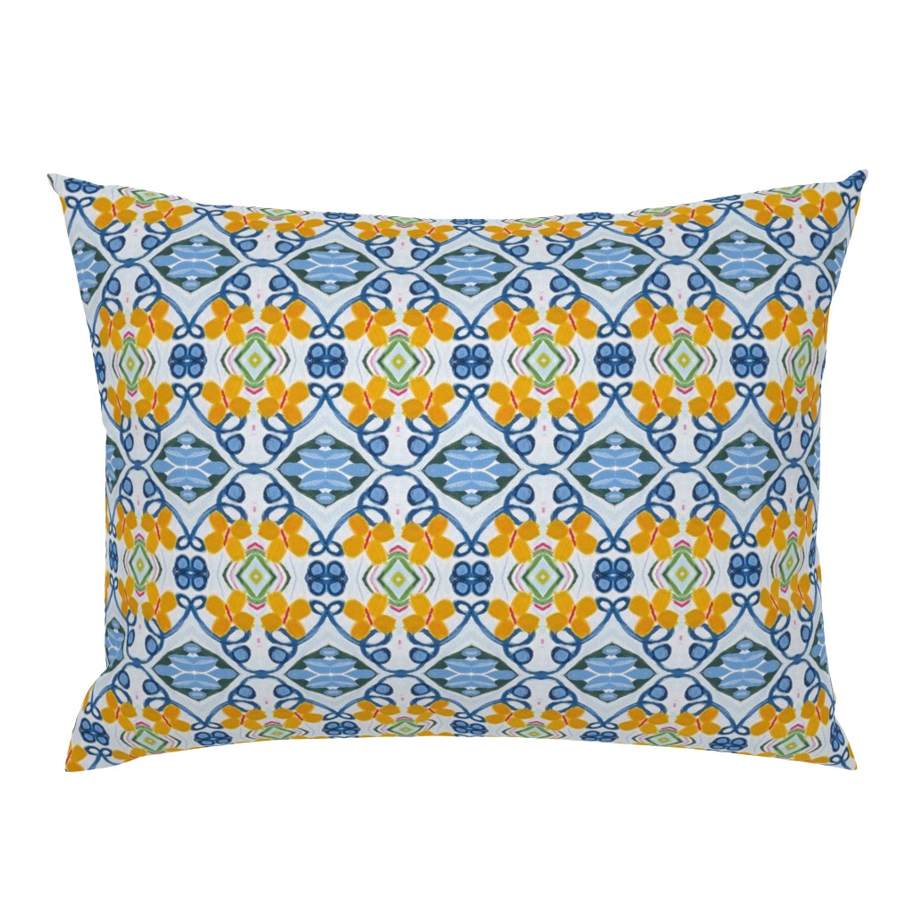 Floral Basket Whimsical Yellow Butterfly Blue Floral pillow by Betsey Johns