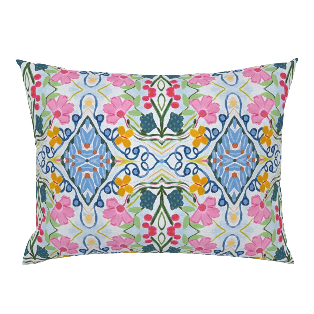 Floral Basket Whimsical Blue Vine Diamond pillow by Betsey Johns