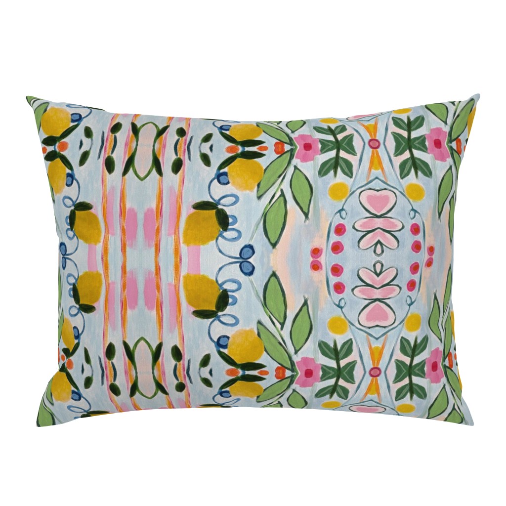 Floral Basket Whimsical Lemons Orange and Pink Stripe pillow by Betsey Johns