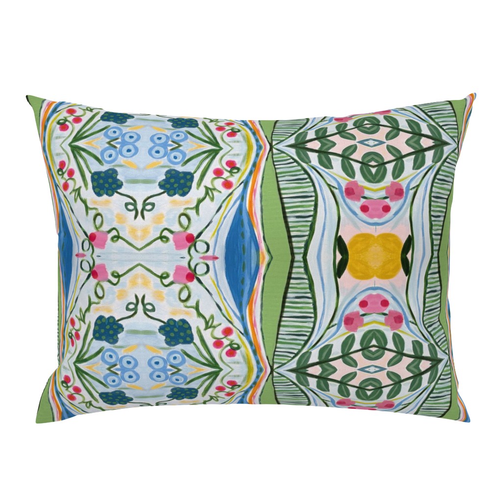 Floral Basket Whimsical Green Orange Blue Artistic Stripe pillow by Betsey Johns