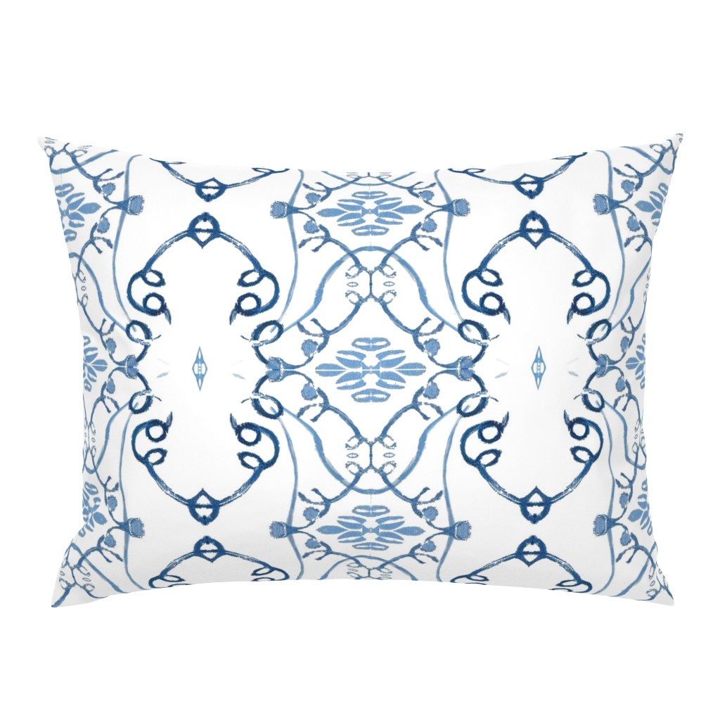 Floral Basket Block Print Blue and White Scroll Design pillow by Betsey Johns