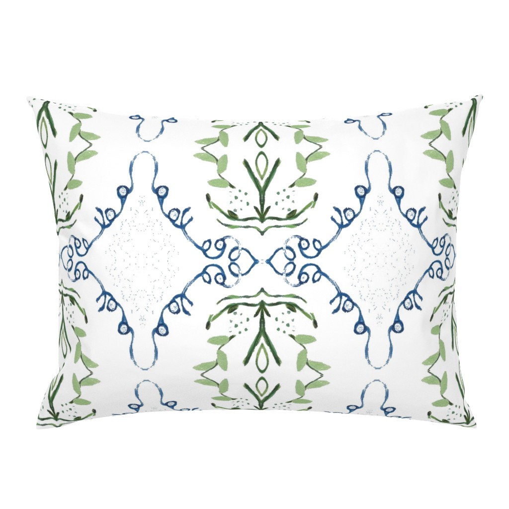 Floral Basket Whimsical Blue and Green Scroll Design pillow by Betsey Johns