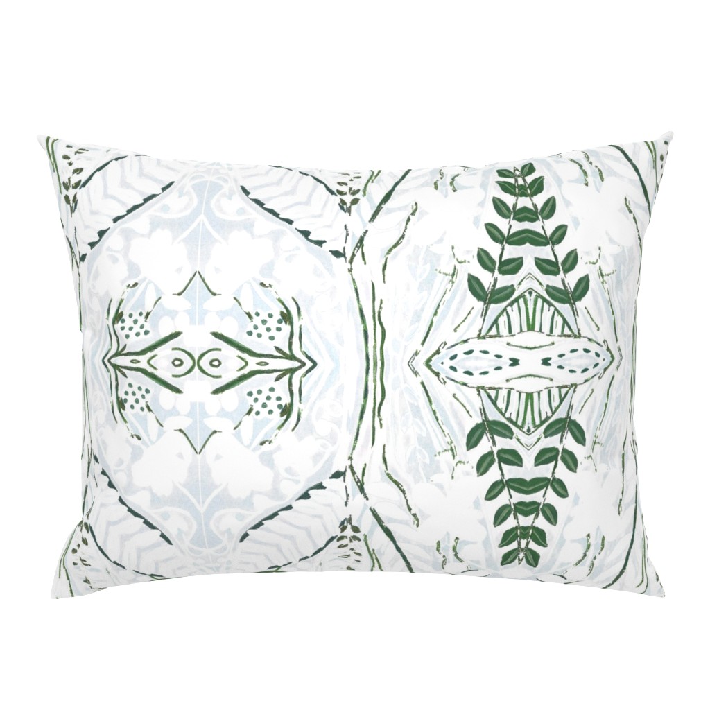 Floral Basket Block Print Dark Green Light Blue White 30 pillow by Betsey Johns