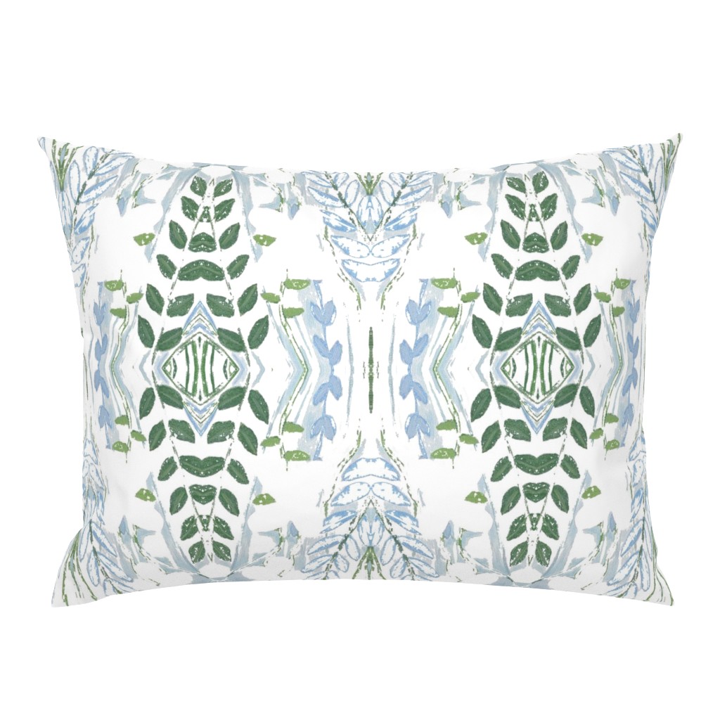 Floral Basket Block Print Dark Green Leaves Light Blue and White 32 pillow by Betsey Johns