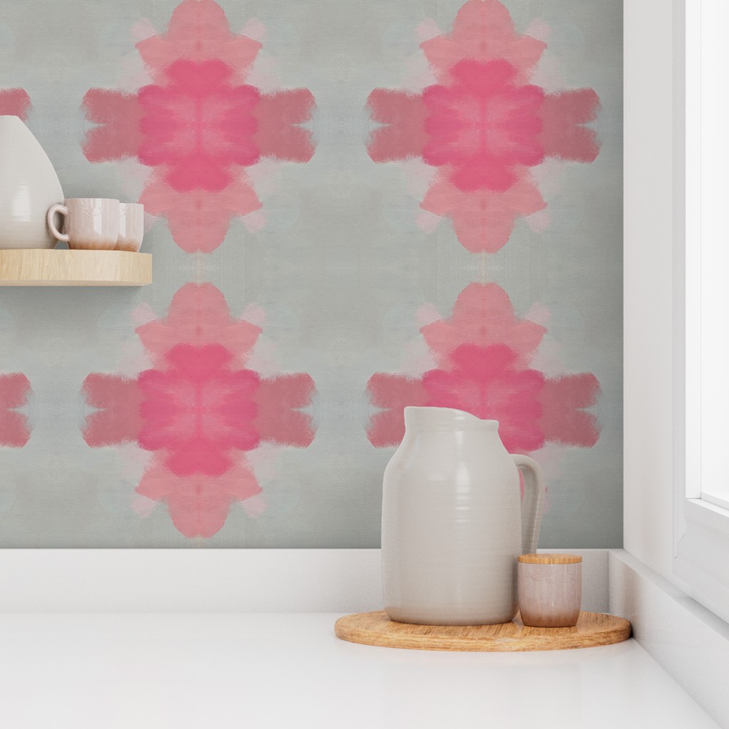 Frances abstract watercolor wallpaper in pink and misty gray on a kitchen wall