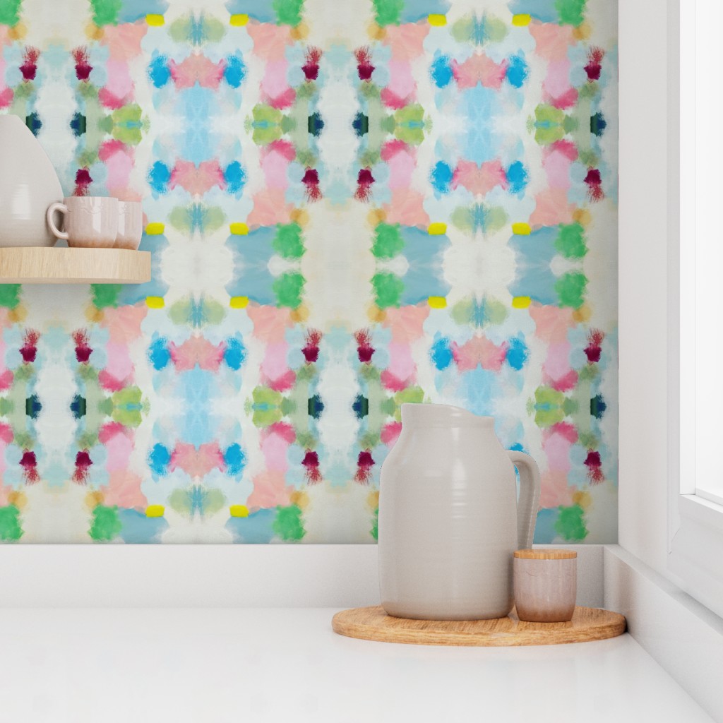 Olivia abstract watercolor wallpaper in yellow, green, blue and pink on a kitchen wall