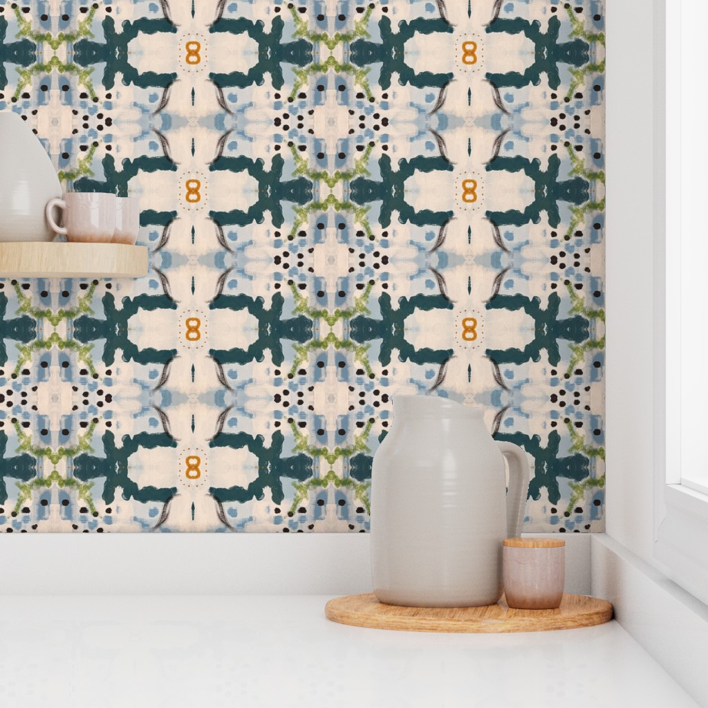 Sally abstract watercolor wallpaper in navy, cream, sage green and blue on a kitchen wall