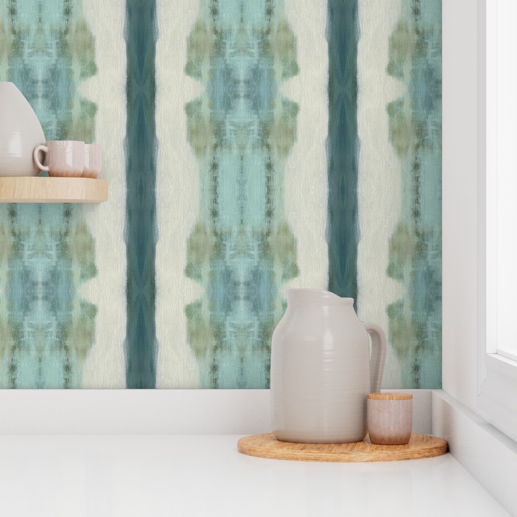 Taylor coastal striped abstract wallpaper in turquoise, aqua and off white on a kitchen wall