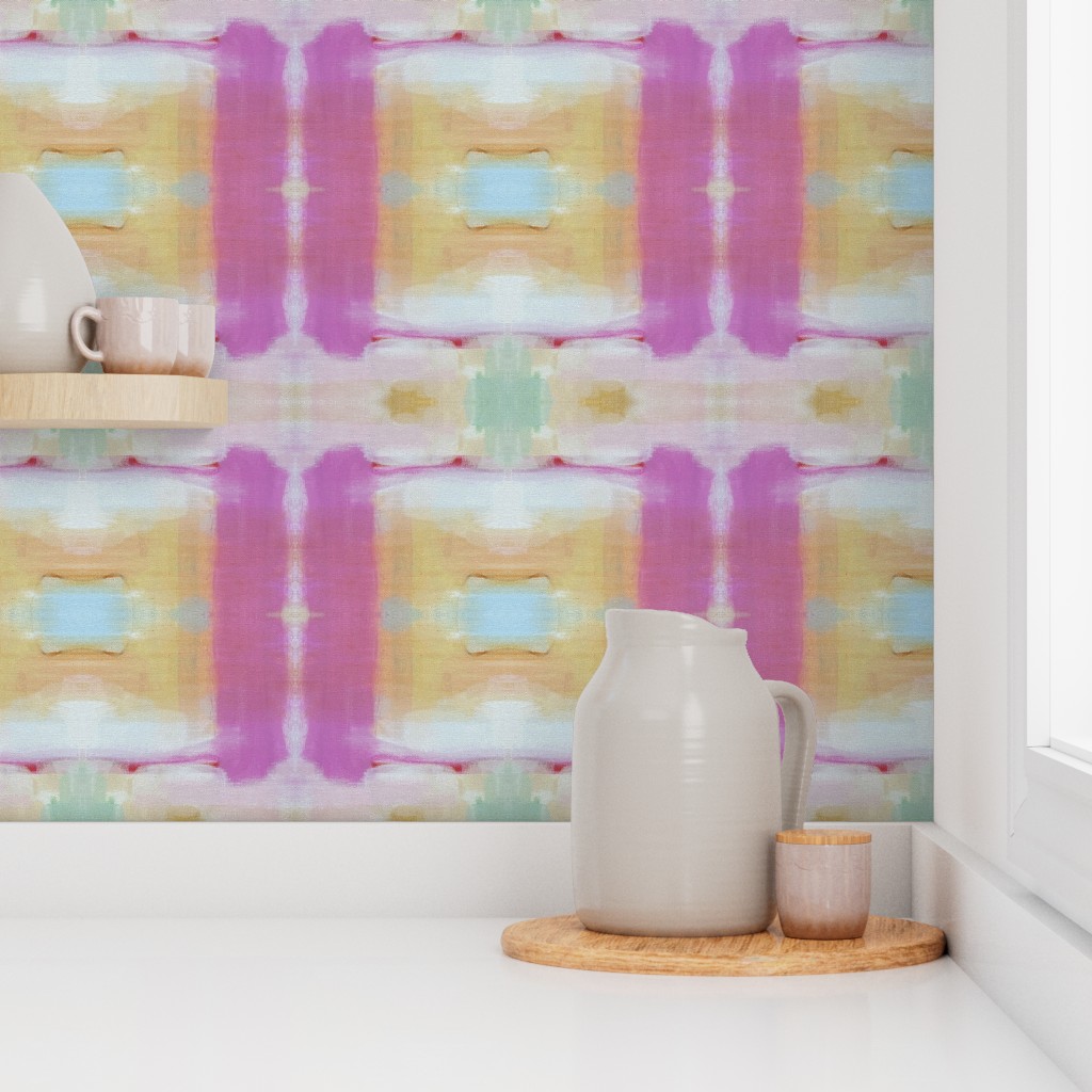 Whispers of Pink abstract watercolor wallpaper in pink, orange, yellow and blue on a kitchen wall